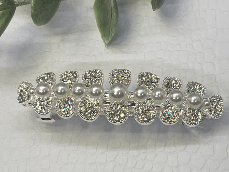 Pearl Crystal rhinestone barrette approximately 3.0” silver tone formal hair accessories gift wedding bridesmaid