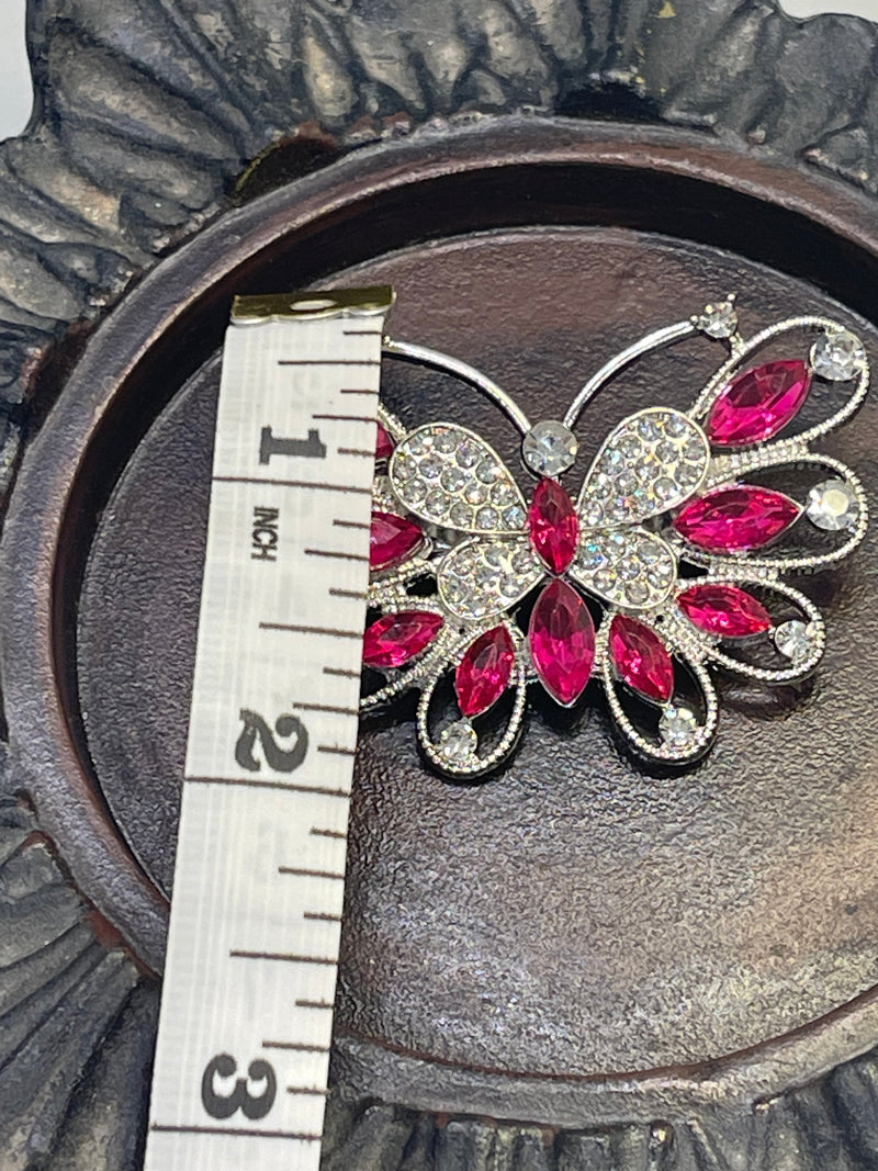 Luxe’s hot pink  butterfly Crystal Brooch Rhinestone silver tone woman with rhinestone gift scarf accessory