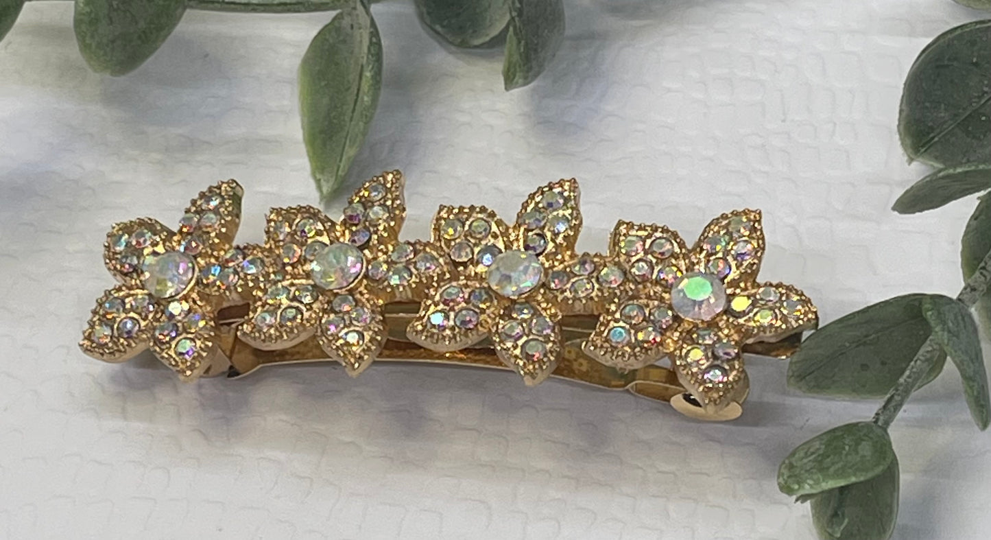 iridescent Crystal rhinestone flower star barrette approximately 3.0” gold  tone formal hair accessories gift wedding bridesmaid