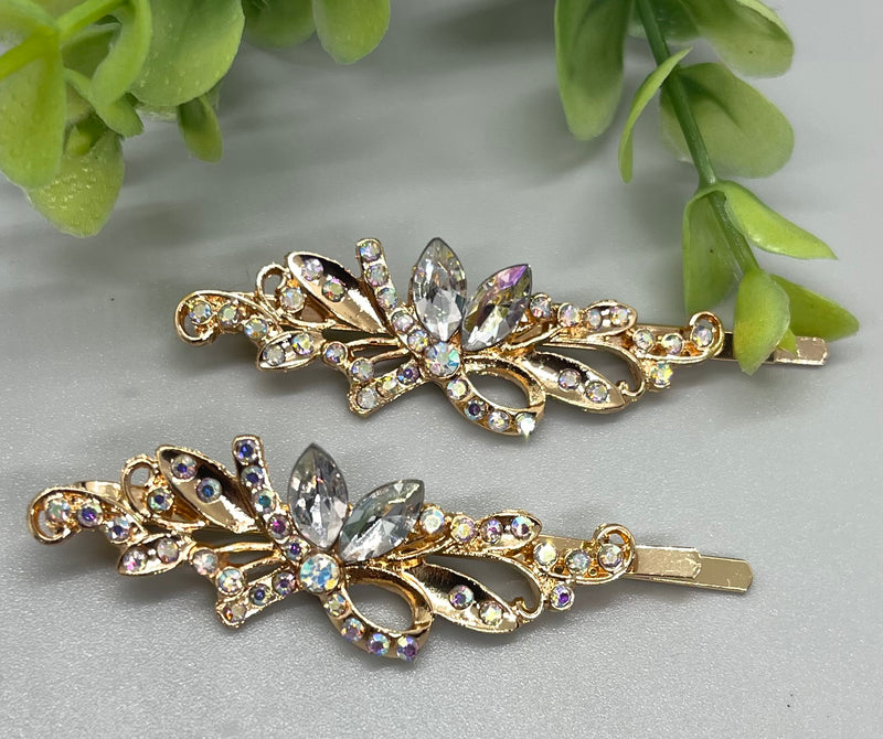 Clear crystal rhinestone Rose Gold approximately 2.75 hair pins 2 pc set wedding bridal shower engagement formal princess accessory birthday prom