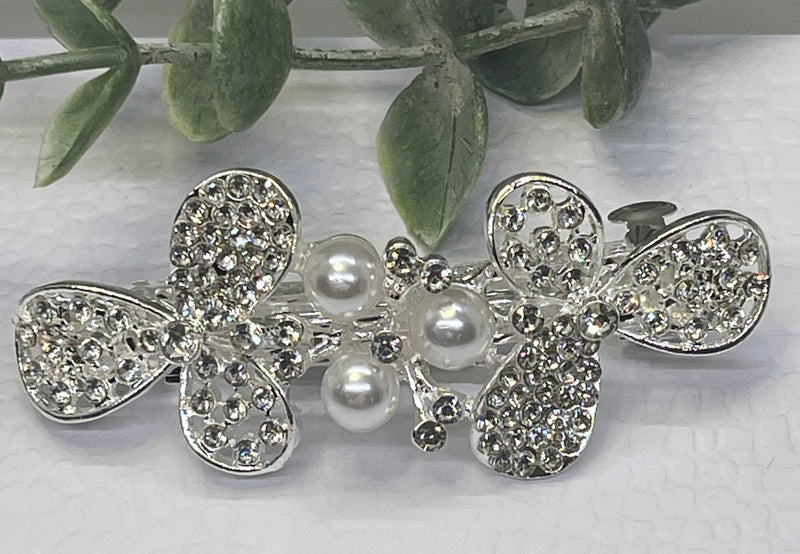 Pearl Crystal rhinestone barrette approximately 3.0” silver tone formal hair accessories gift wedding bridesmaid