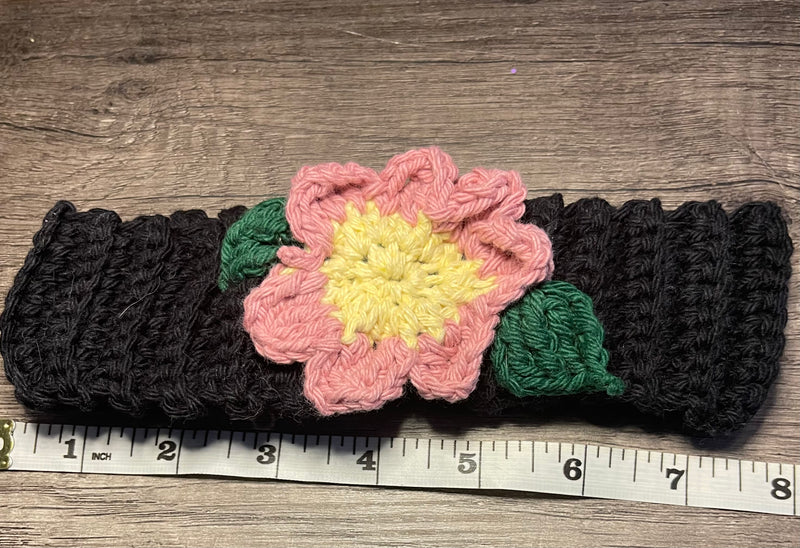 Handmade crochet black pink green flower headband 100% cotton girls headband gift soft gentle headband 18” stretchable cotton