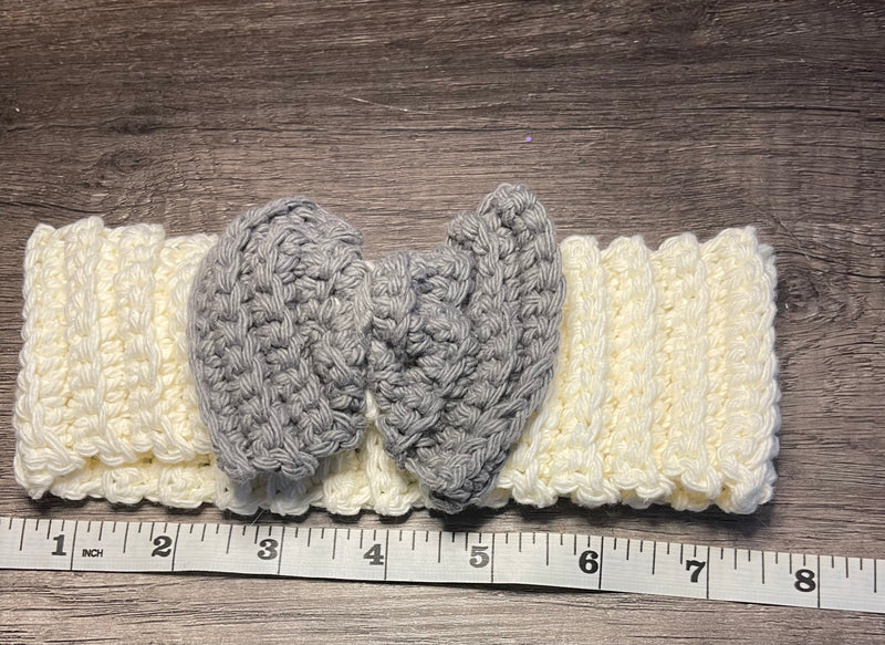 Handmade crochet white gray bow  headband 100% cotton girls headband gift soft gentle headband 18” stretchable cotton