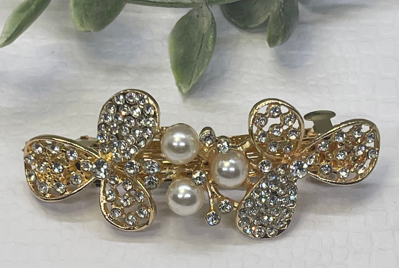 Pearl Crystal rhinestone barrette approximately 3.0” gold tone formal hair accessories gift wedding bridesmaid