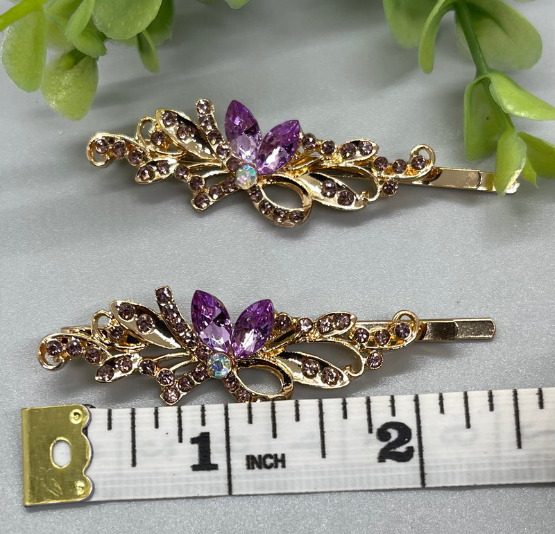 lavender crystal rhinestone Rose Gold approximately 2.75 hair pins 2 pc set wedding bridal shower engagement formal princess accessory birthday prom