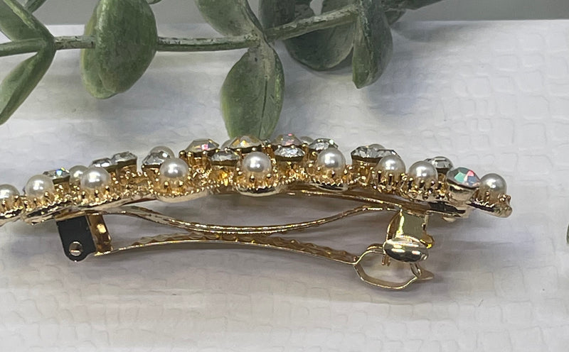 Pearl Crystal rhinestone barrette approximately 3.0” ggold  tone formal hair accessories gift wedding bridesmaid