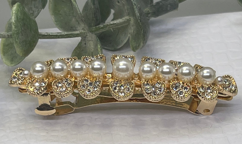 Pearl Crystal rhinestone barrette approximately 3.0” gold tone formal hair accessories gift wedding bridesmaid