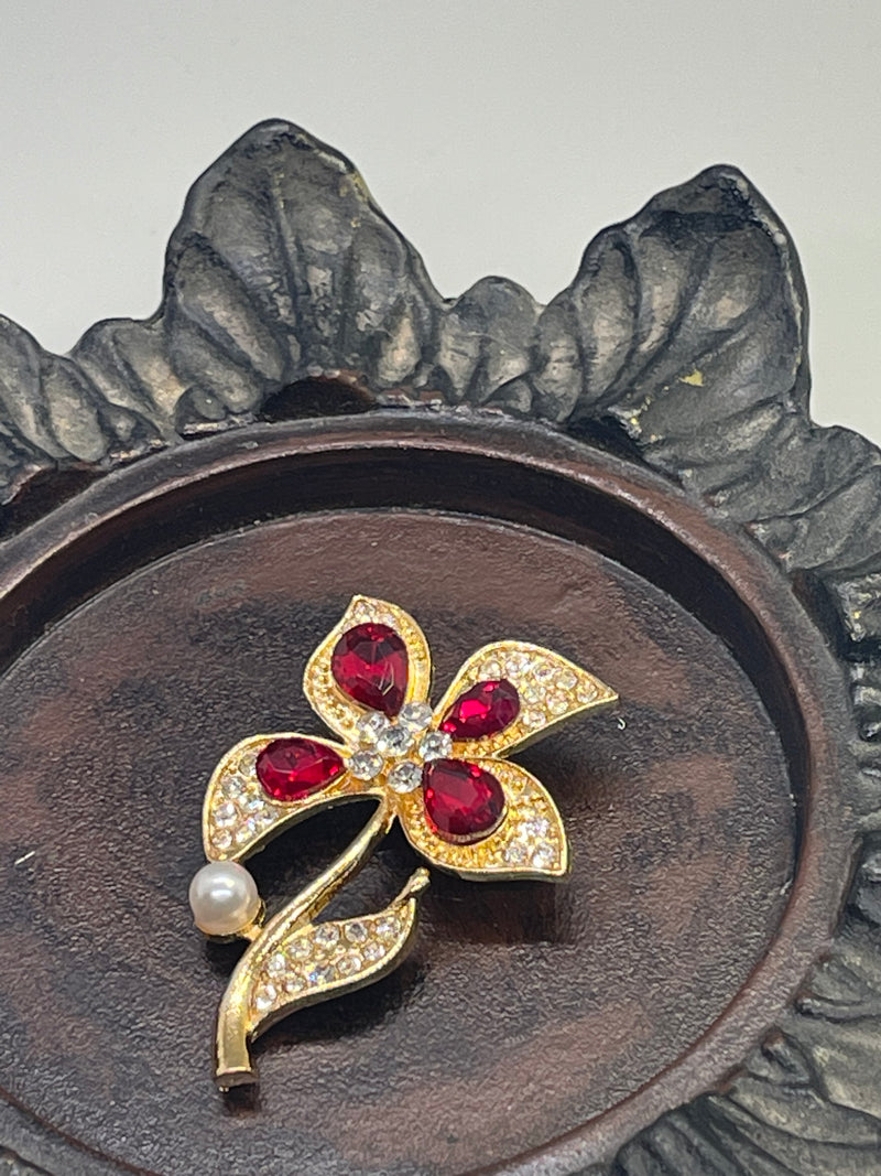 Luxe’s Red Crystal Brooch Rhinestone flower gold  tone woman with rhinestone gift scarf accessory