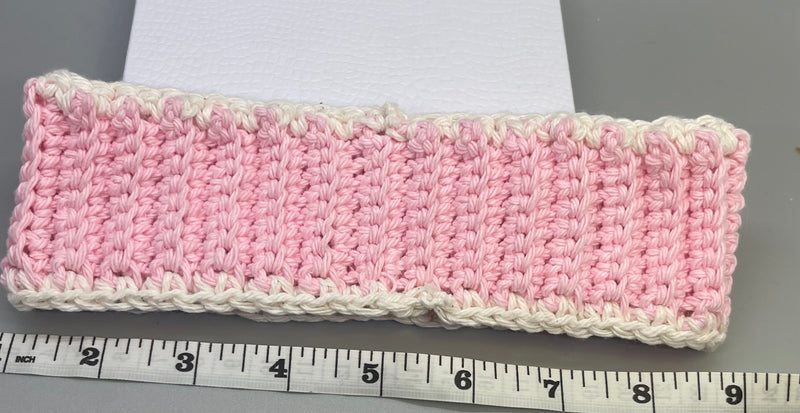 Handmade crochet pink white teddy bear embroidered headband 100% cotton girls headband gift soft gentle headband 18” stretchable cotton