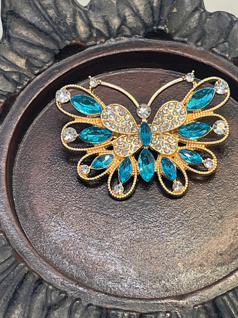 Luxe’s teal butterfly Crystal Brooch Rhinestone gold tone woman with rhinestone gift scarf accessory