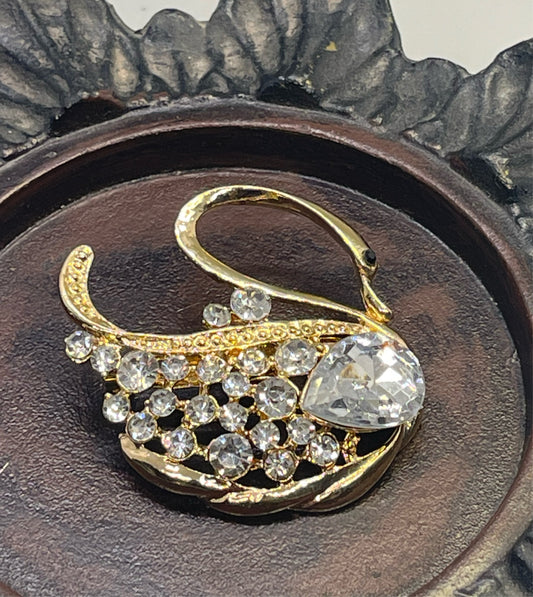 Luxe’s clear swan Crystal Brooch Rhinestone gold  tone woman with rhinestone gift scarf accessory