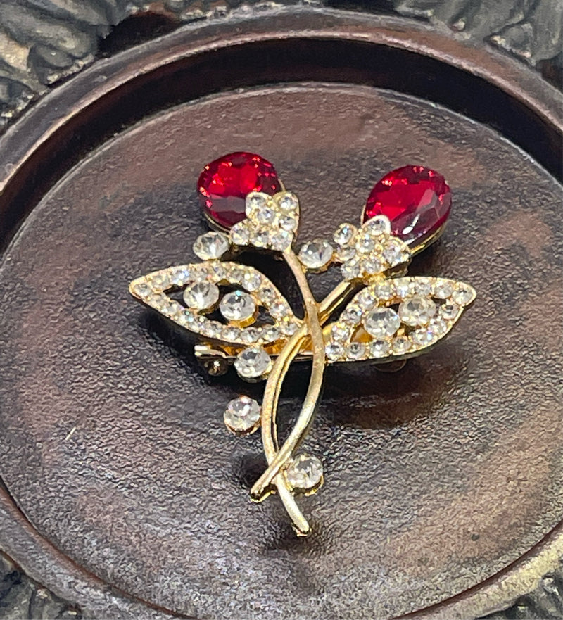 Luxe’s Red roses Crystal Brooch Rhinestone flower gold  tone woman with rhinestone gift scarf accessory