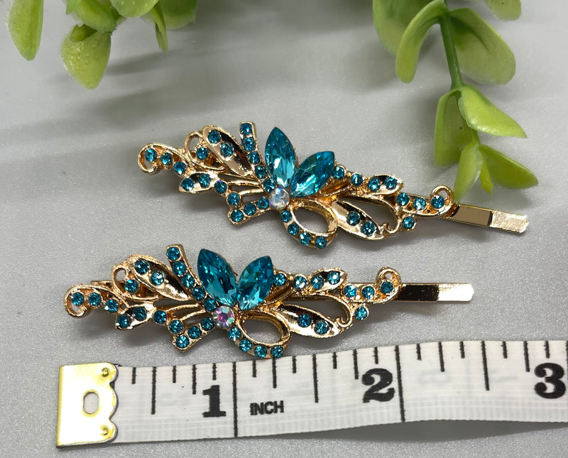 Teal crystal rhinestone Rose Gold approximately 2.75 hair pins 2 pc set wedding bridal shower engagement formal princess accessory birthday prom