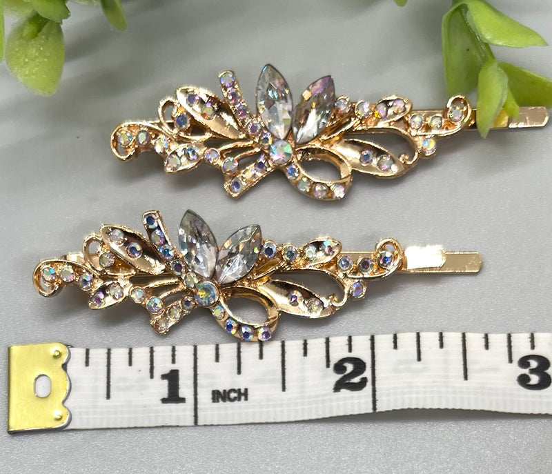 Clear crystal rhinestone Rose Gold approximately 2.75 hair pins 2 pc set wedding bridal shower engagement formal princess accessory birthday prom