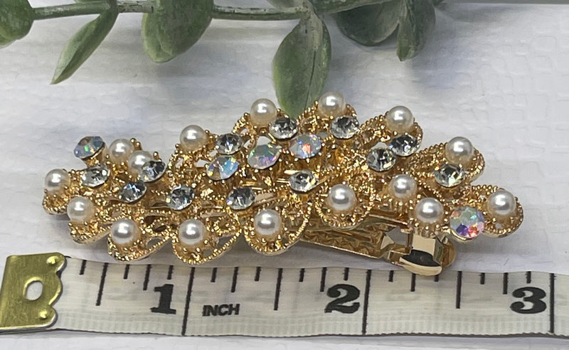 Pearl Crystal rhinestone barrette approximately 3.0” ggold  tone formal hair accessories gift wedding bridesmaid