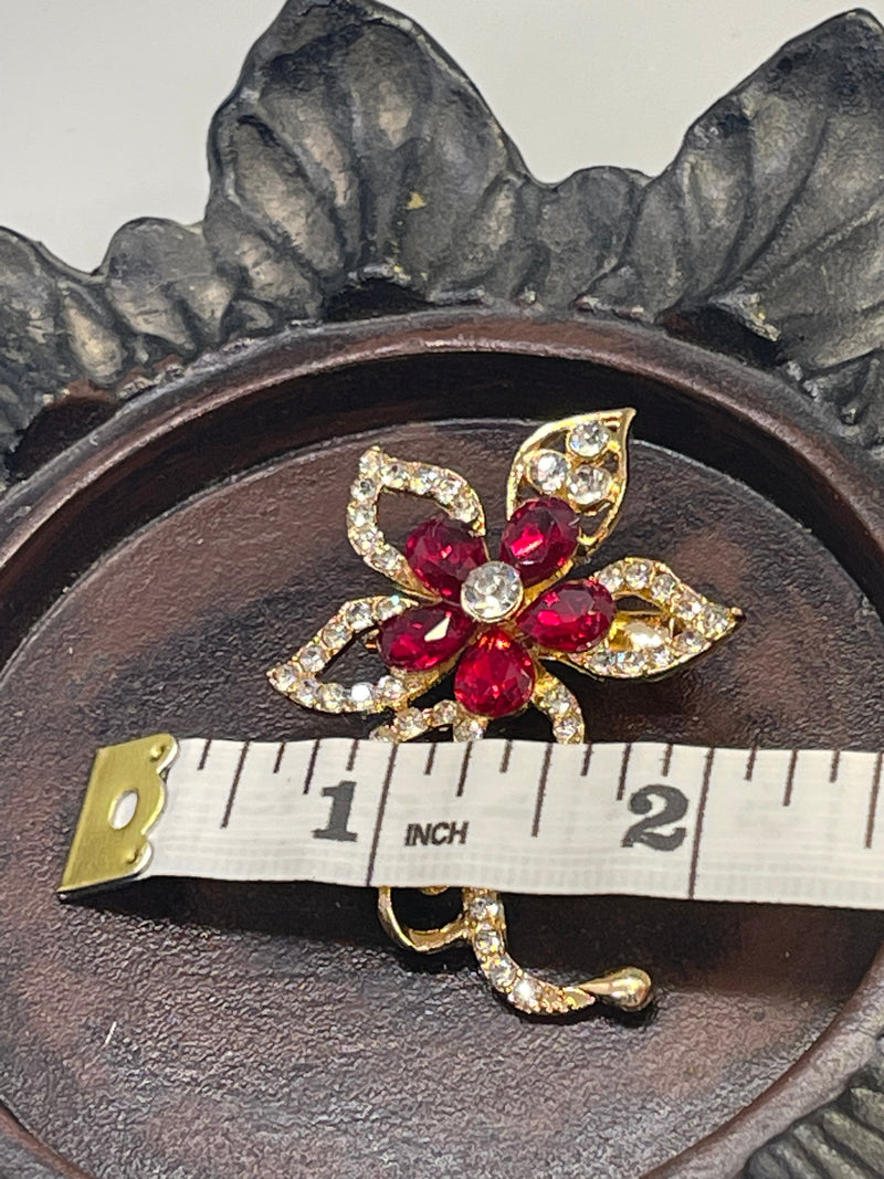 Luxe’s Red Crystal Brooch Rhinestone flower gold  tone woman with rhinestone gift scarf accessory