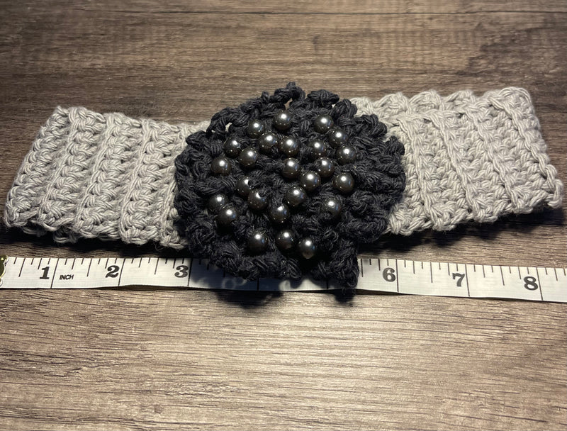 Handmade cream gray black Beaded headband 100% cotton girls headband gift flowers 18” strechable soft gentle headband