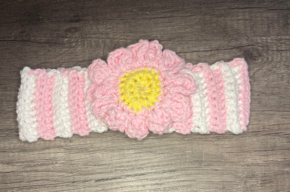 Handmade crochet pink white stripe flower headband 100% cotton girls headband gift soft gentle headband 18” stretchable cotton