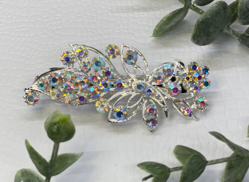 iridecent Crystal rhinestone barrette approximately 3.0” silver tone formal hair accessories gift wedding bridesmaid