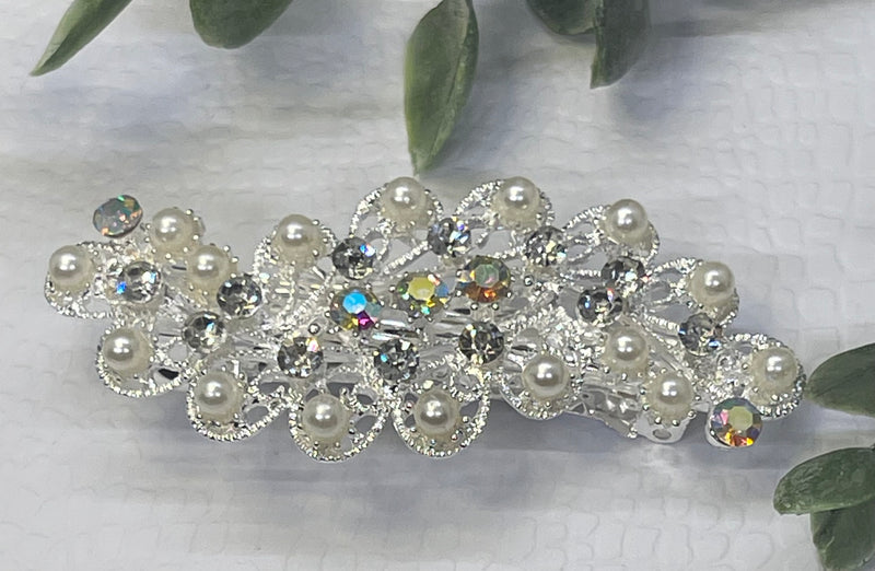 Pearl Crystal rhinestone barrette approximately 3.0” silver tone formal hair accessories gift wedding bridesmaid