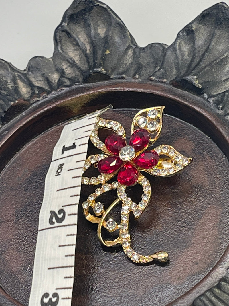 Luxe’s Red Crystal Brooch Rhinestone flower gold  tone woman with rhinestone gift scarf accessory