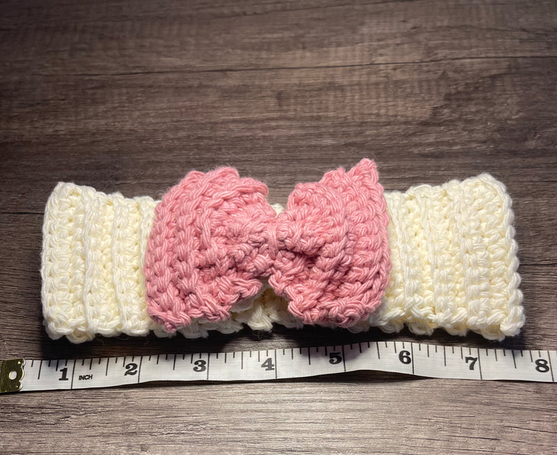 Handmade crochet cream beige pink bow headband 100% cotton girls headband gift soft gentle headband 18” stretchable cotton