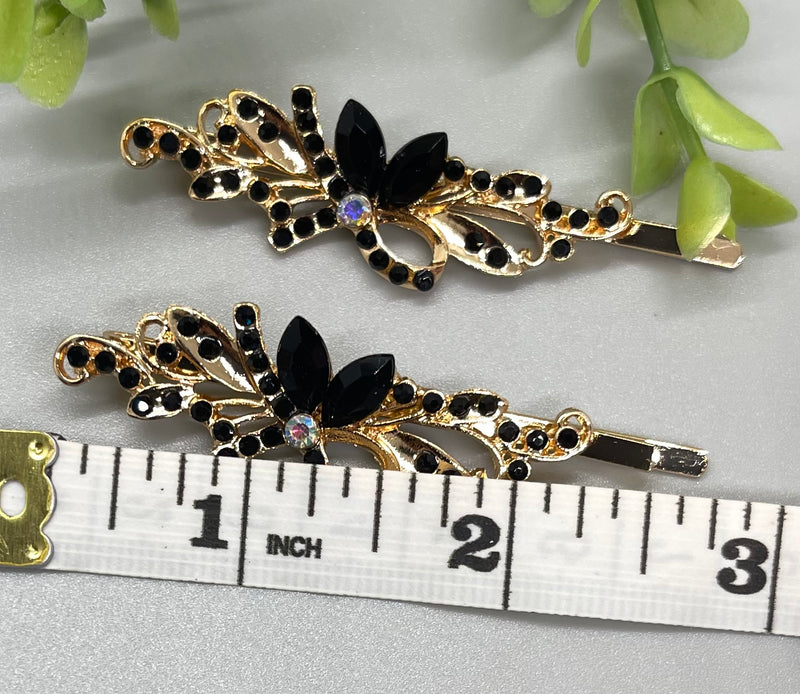 black crystal rhinestone Rose Gold approximately 2.75 hair pins 2 pc set wedding bridal shower engagement formal princess accessory birthday prom