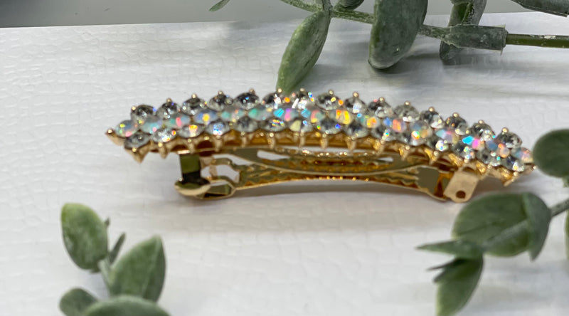 Irridescent Crystal rhinestone barrette approximately 3.0” gold tone formal hair accessories gift wedding bridesmaid