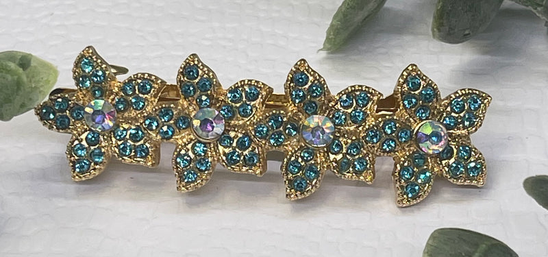 Teal Crystal rhinestone flower star barrette approximately 3.0” gold  tone formal hair accessories gift wedding bridesmaid