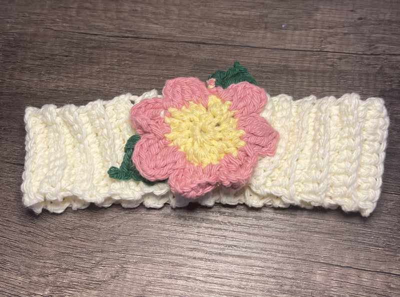 Handmade cream white pink floral headband 100% cotton girls headband gift flowers 18” strechable soft gentle headband