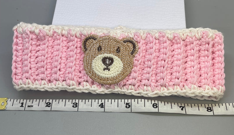 Handmade crochet pink white teddy bear embroidered headband 100% cotton girls headband gift soft gentle headband 18” stretchable cotton