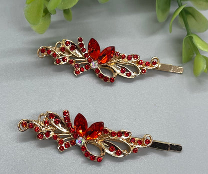 Red crystal rhinestone Rose Gold approximately 2.75 hair pins 2 pc set wedding bridal shower engagement formal princess accessory birthday prom