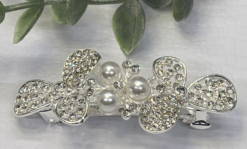 Pearl Crystal rhinestone barrette approximately 3.0” silver tone formal hair accessories gift wedding bridesmaid