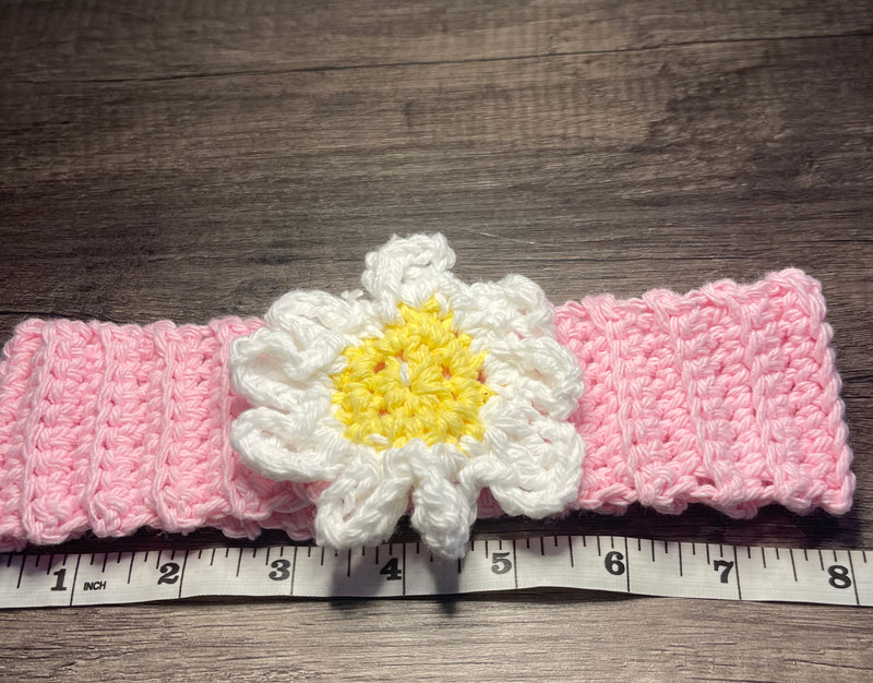 Handmade crochet pink white daisy flower headband 100% cotton girls headband gift soft gentle headband 18” stretchable cotton