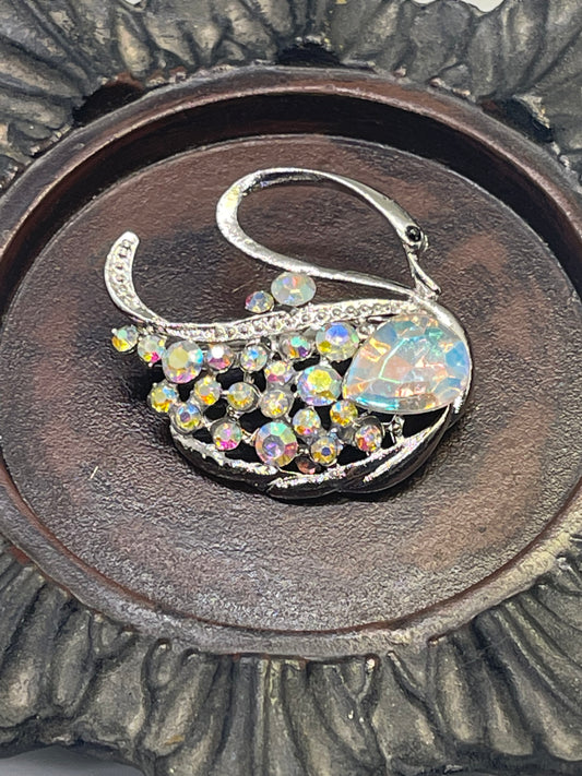 Luxe’s iridescent swan Crystal Brooch Rhinestone silver  tone woman with rhinestone gift scarf accessory