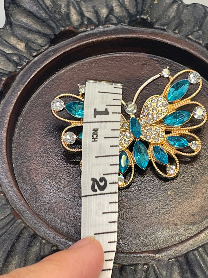 Luxe’s teal butterfly Crystal Brooch Rhinestone gold tone woman with rhinestone gift scarf accessory