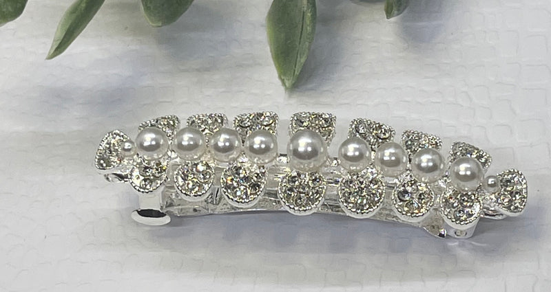 Pearl Crystal rhinestone barrette approximately 3.0” silver tone formal hair accessories gift wedding bridesmaid