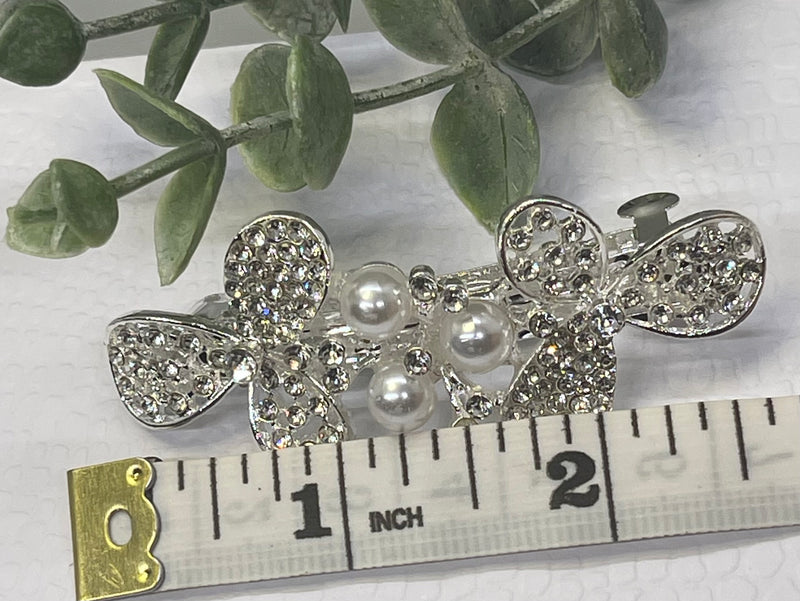 Pearl Crystal rhinestone barrette approximately 3.0” silver tone formal hair accessories gift wedding bridesmaid