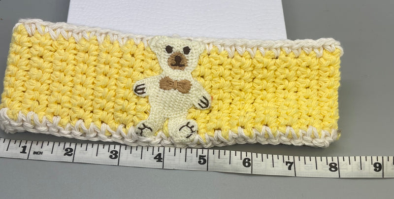 Handmade crochet yellow white teddy bear embroidered headband 100% cotton girls headband gift soft gentle headband 18” stretchable cotton