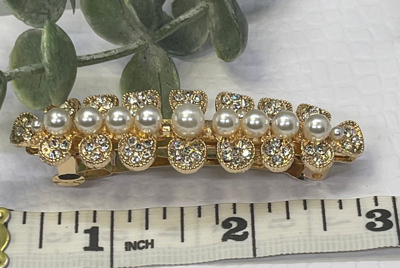 Pearl Crystal rhinestone barrette approximately 3.0” gold tone formal hair accessories gift wedding bridesmaid