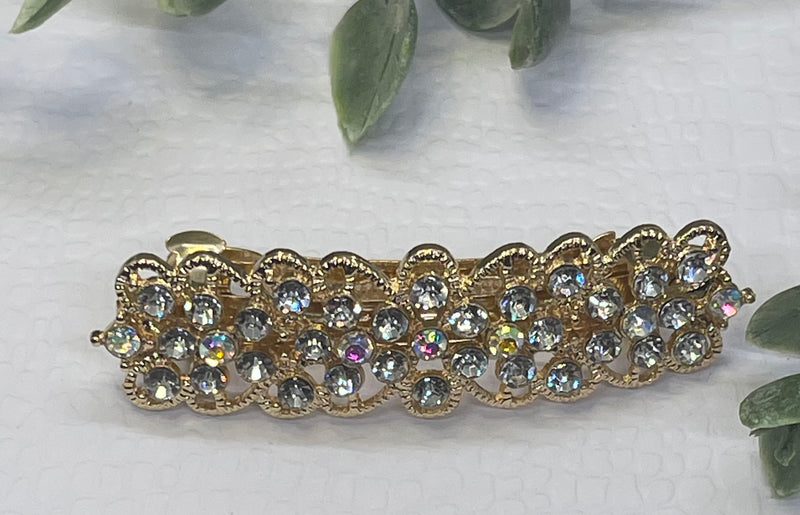 Clear Crystal rhinestone barrette approximately 3.0” gold tone formal hair accessories gift wedding bridesmaid