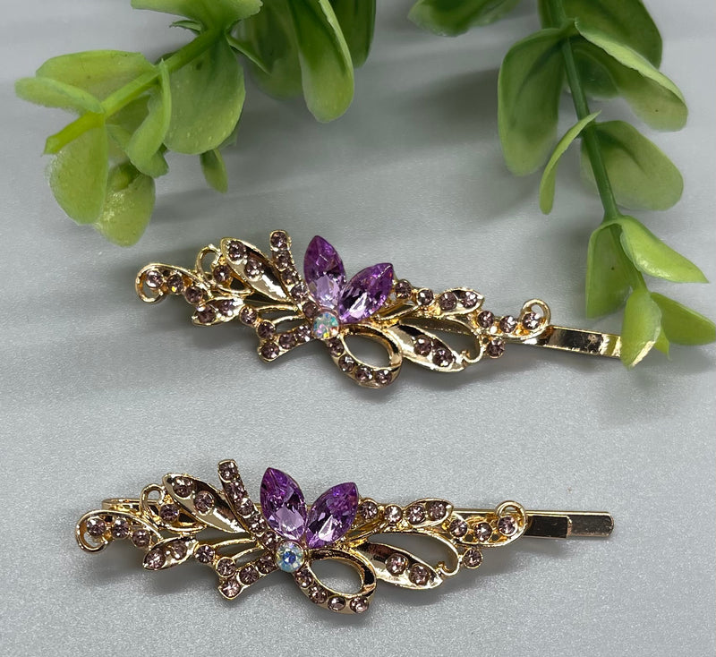 lavender crystal rhinestone Rose Gold approximately 2.75 hair pins 2 pc set wedding bridal shower engagement formal princess accessory birthday prom