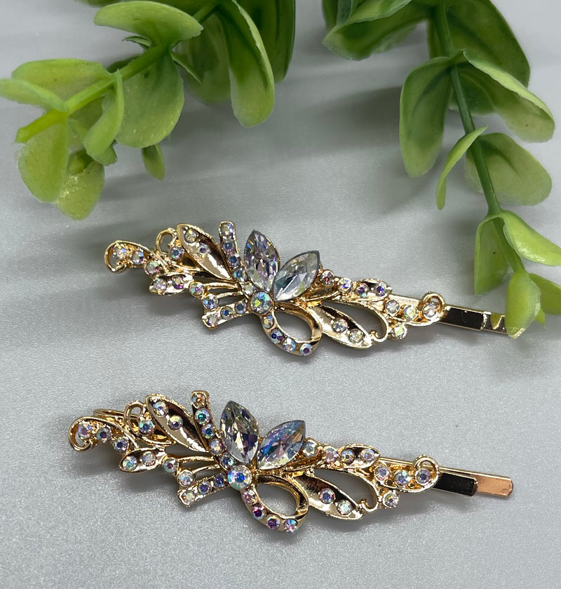 Iridescent crystal rhinestone Rose Gold approximately 2.75 hair pins 2 pc set wedding bridal shower engagement formal princess accessory birthday prom