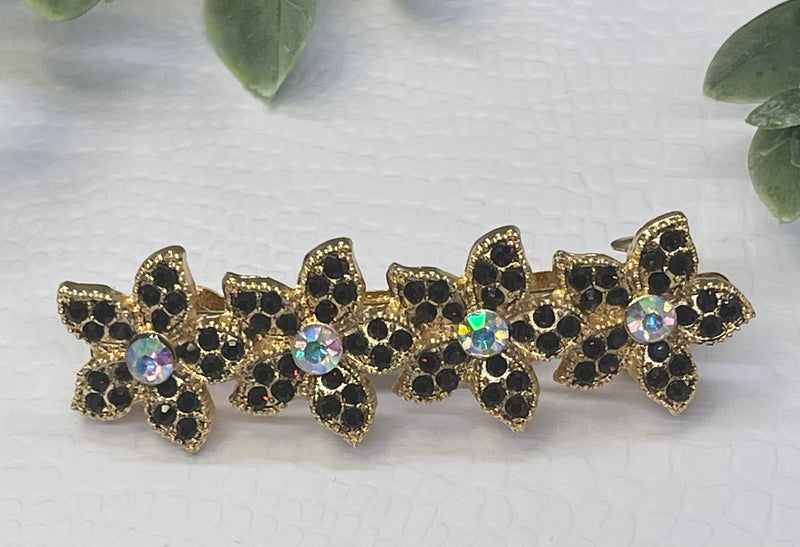 Black Crystal rhinestone flower star barrette approximately 3.0” gold  tone formal hair accessories gift wedding bridesmaid