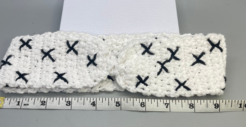 Handmade crochet white black embroidered bow headband 100% cotton girls headband gift soft gentle headband 18” stretchable cotton