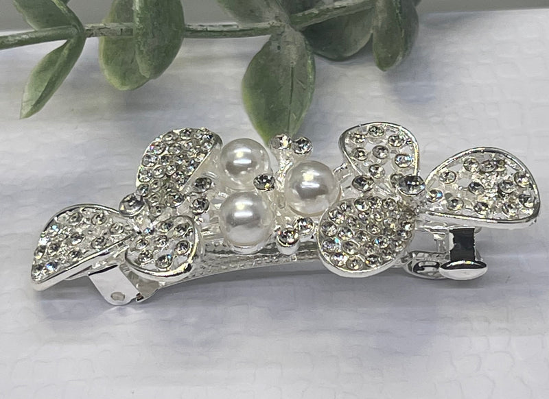 Pearl Crystal rhinestone barrette approximately 3.0” silver tone formal hair accessories gift wedding bridesmaid