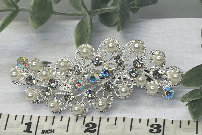 Pearl Crystal rhinestone barrette approximately 3.0” silver tone formal hair accessories gift wedding bridesmaid