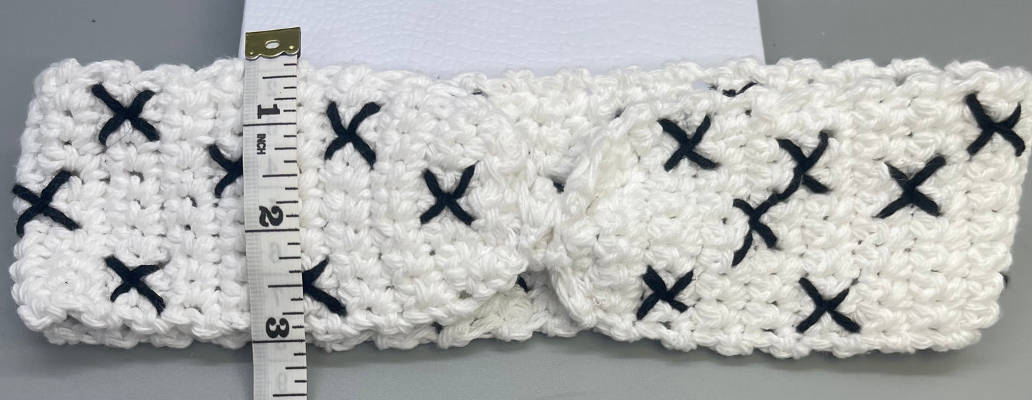 Handmade crochet white black embroidered bow headband 100% cotton girls headband gift soft gentle headband 18” stretchable cotton