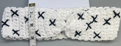 Handmade crochet white black embroidered bow headband 100% cotton girls headband gift soft gentle headband 18” stretchable cotton