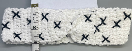 Handmade crochet white black embroidered bow headband 100% cotton girls headband gift soft gentle headband 18” stretchable cotton